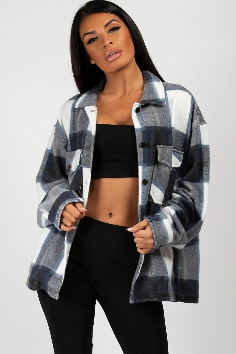 Navy Check Oversized Shacket Shirt Jacket