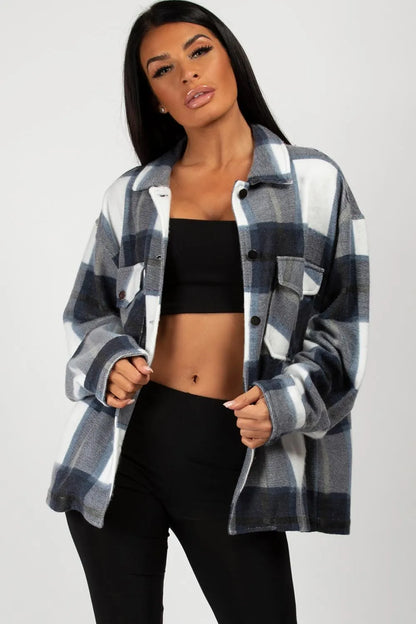 Navy Check Oversized Shacket Shirt Jacket
