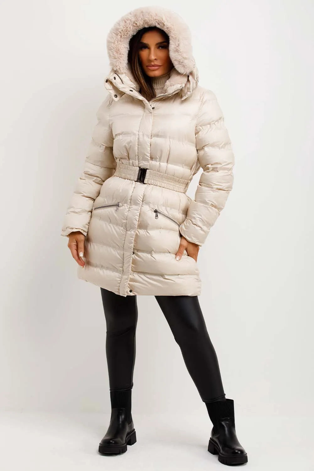 Puffer Padded Coat With Fur Hood And Belt Beige