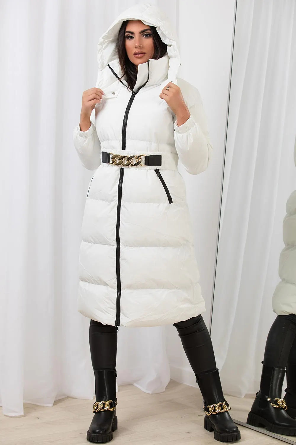 Long Puffer Padded Coat With Gold Chain Belt White