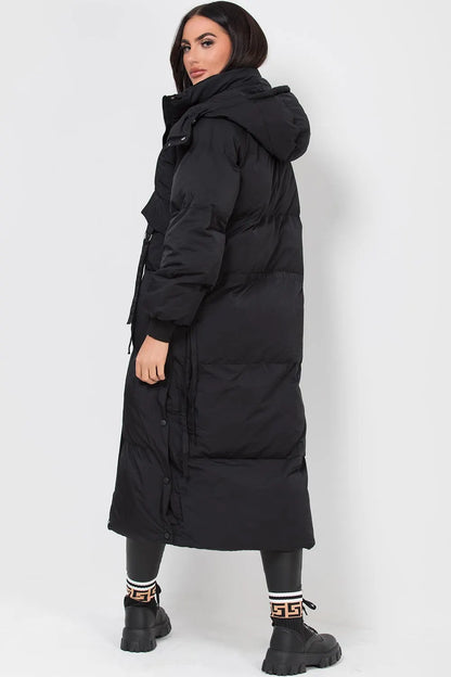 Long Puffer Padded Coat With Utility Pockets Black