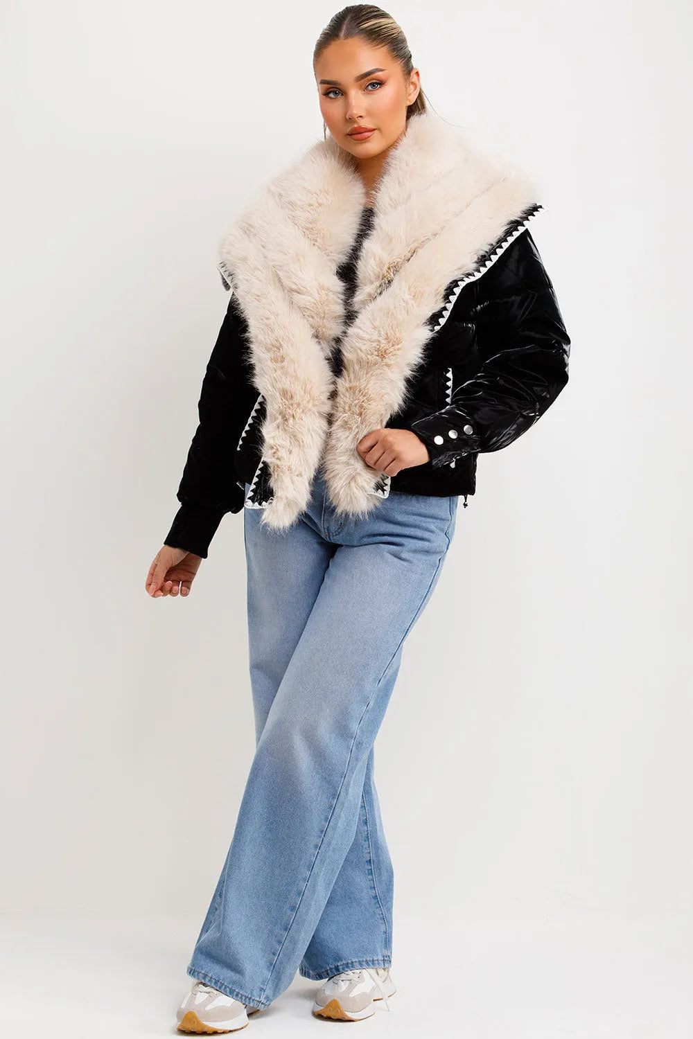 Faux Fur Collar And Trim Puffer Coat With Contrast Stitching Detail Black