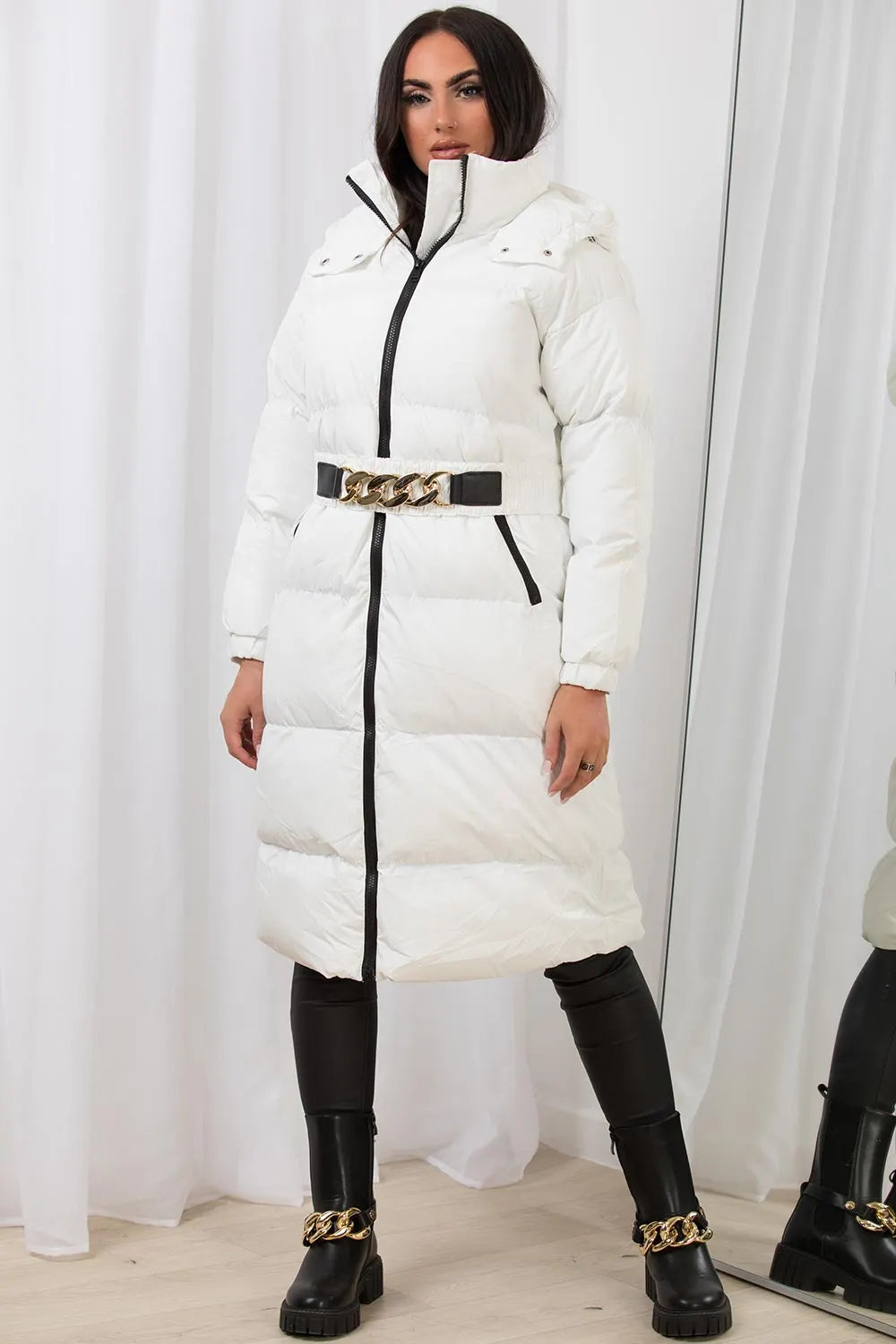 Long Puffer Padded Coat With Gold Chain Belt White