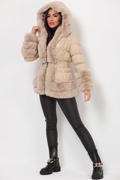 Faux Fur Trim Puffer Hooded Down Jacket With Belt Beige