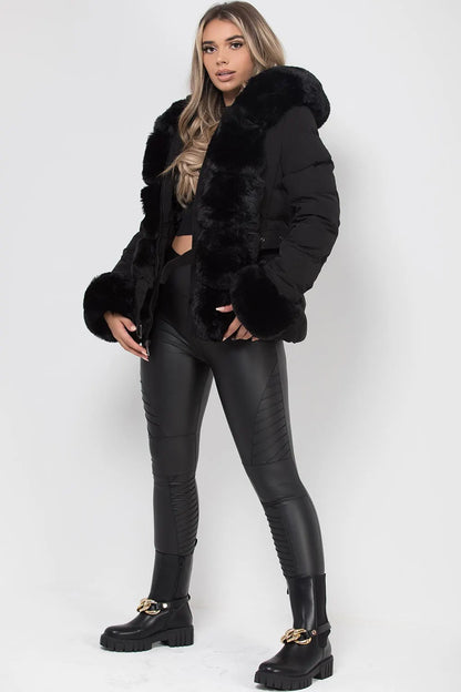 Puffer Jacket With Luxury Faux Fur Hood And Trim Black