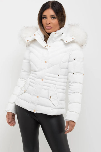 White Puffer Coat With Big Faux Fur Hood