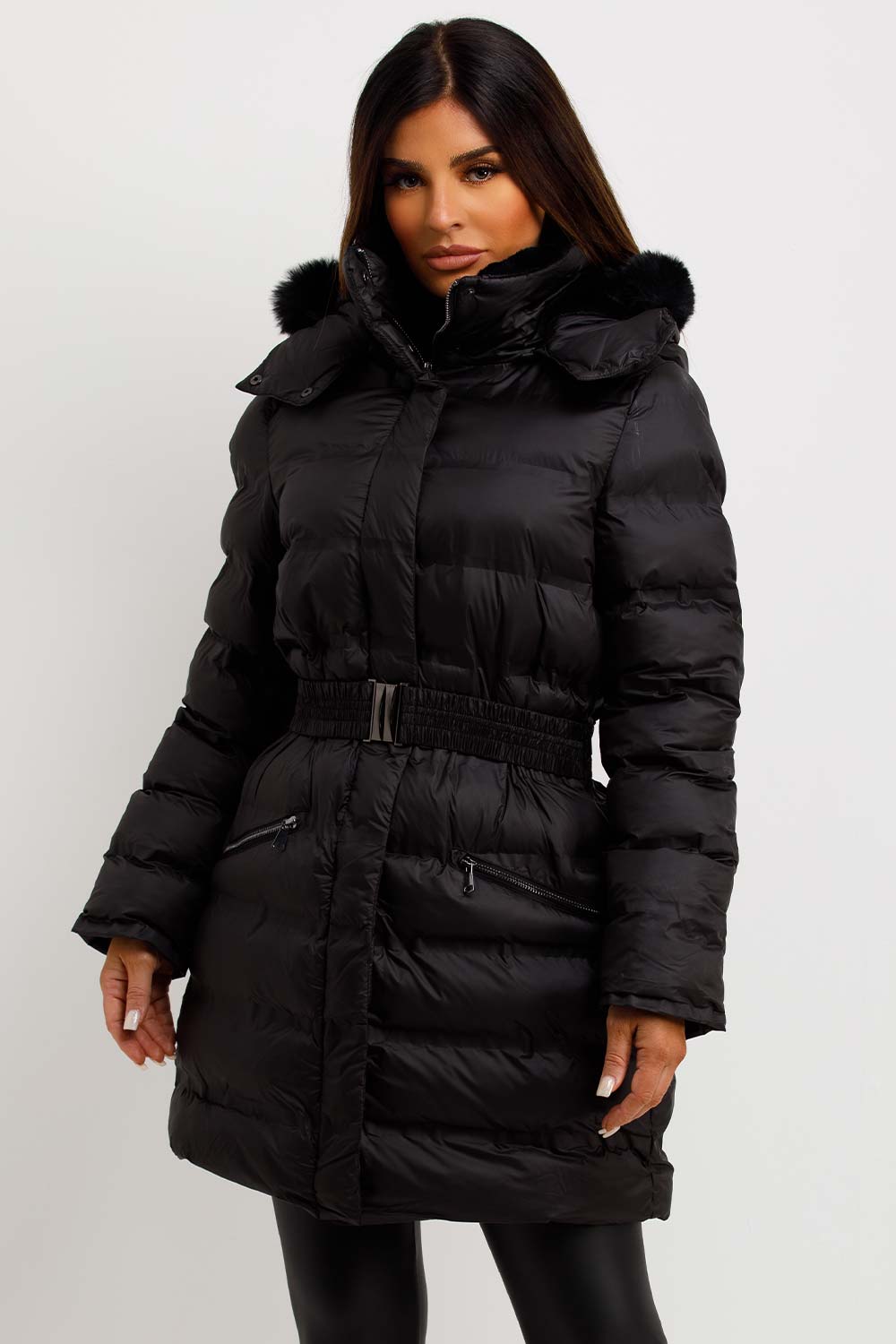 Puffer Padded Coat With Fur Hood And Belt Black