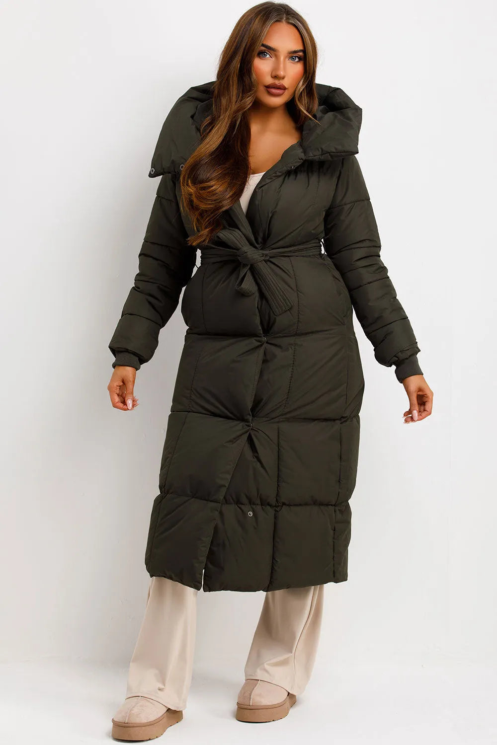 Long Puffer Coat With Hood And Belt Khaki