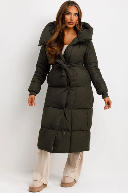 Long Puffer Coat With Hood And Belt Khaki
