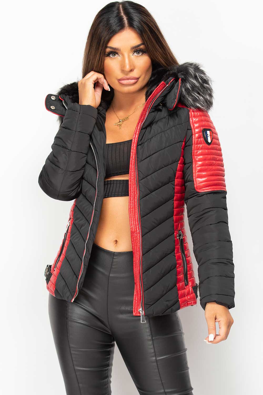 Puffer Coat With Faux Fur Black And Red
