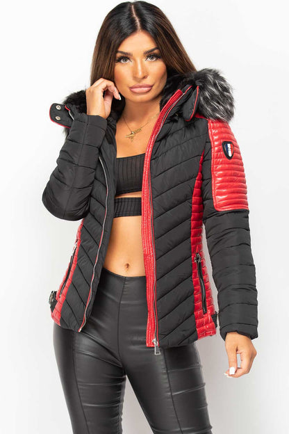 Puffer Coat With Faux Fur Black And Red