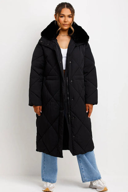 Long Puffer Quilted Coat With Fur Collar Black