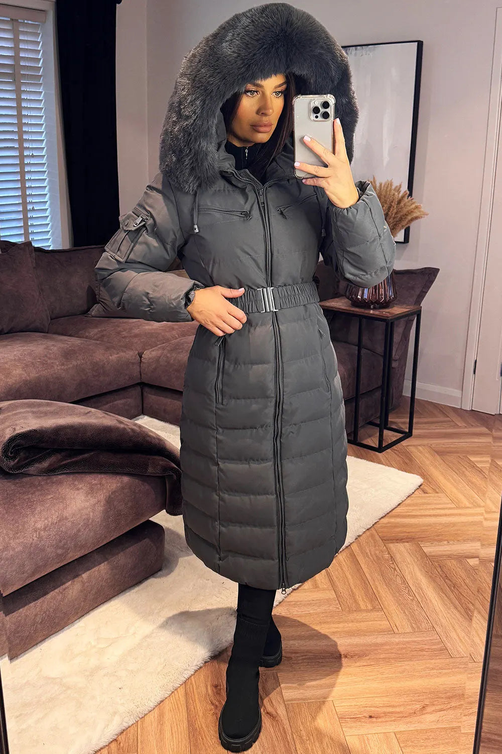 Longline Puffer Padded Coat With Fur Hood And Belt Grey