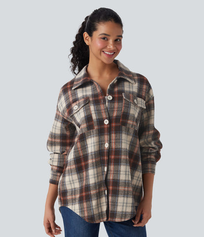 Plaid Curved Hem Casual Shirt Jacket with Flap Pockets
