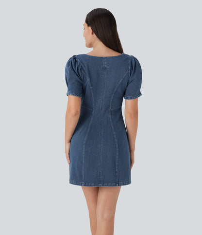 FlexTM Square Neck Short Sleeve Zipper Denim Mini Casual Dress