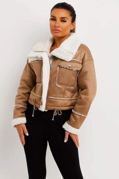 Faux Shearling Faux Leather Jacket Beige