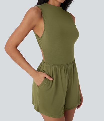 Mock-Neck Sleeveless Casual Jumpsuit with Pockets-Easy Peezy