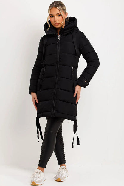Long Puffer Coat With Hood And Side Straps Black