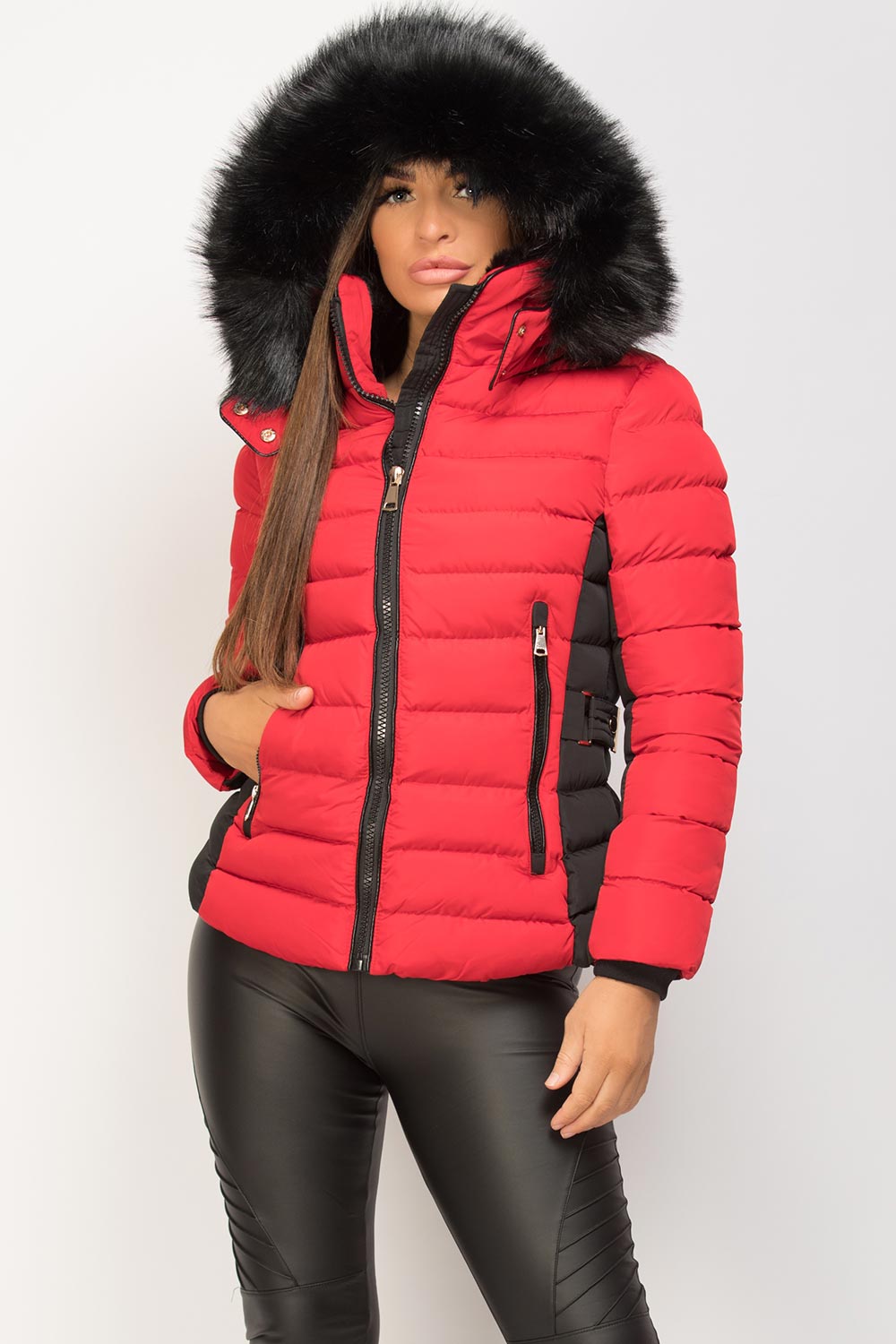 Puffer Jacket With Faux Fur Hood Red