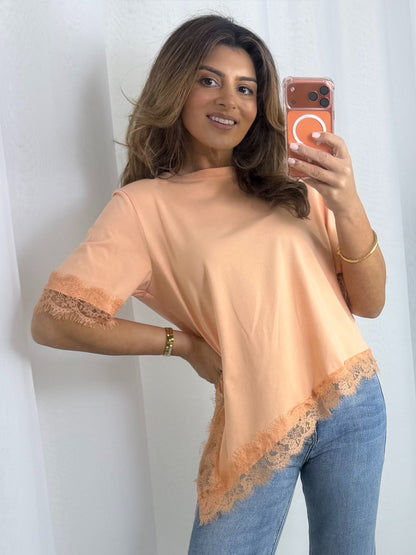 Round Neck Lace Trim Asymmetric Bottom Top (8 Colours)