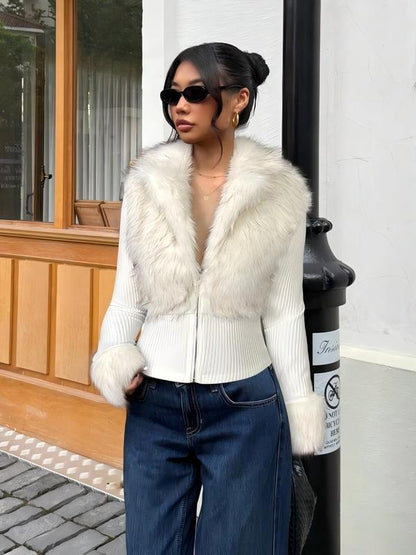 Women's Fashion Street Style Patchwork Knit Faux Fur Jacket, Zipper Long Sleeve Coat, Fall & Winter Thick Fabric, Casual Wear