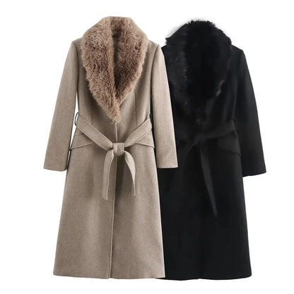 Women's Long Sleeve Lapel Single Breasted Coat with Belt Pocket - Warm Winter & Autumn Outerwear