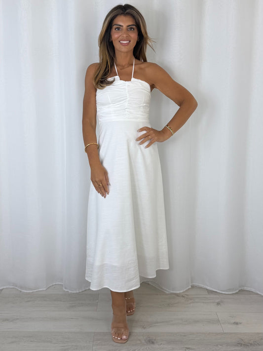 Ruched Tie Neck Smocked Back Midi Dress (2 Colours)