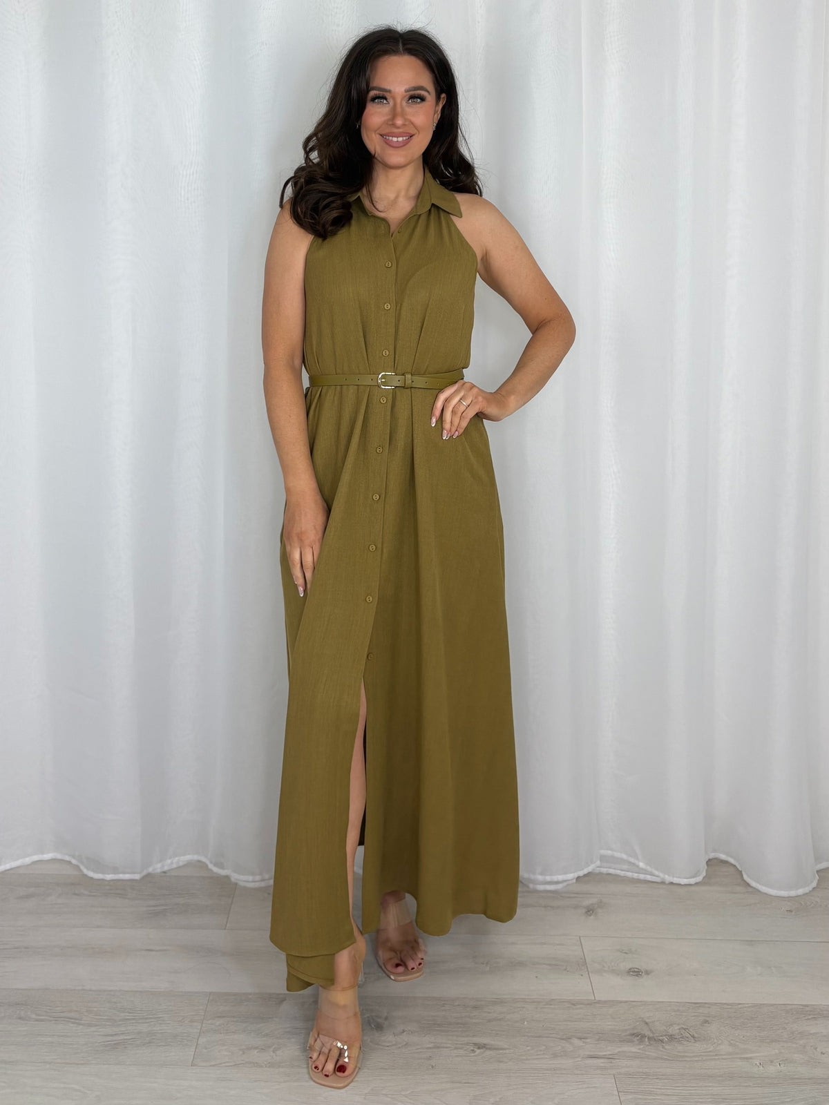 Sleeveless Linen Button Up Maxi Dress & Belt (2 Colours)