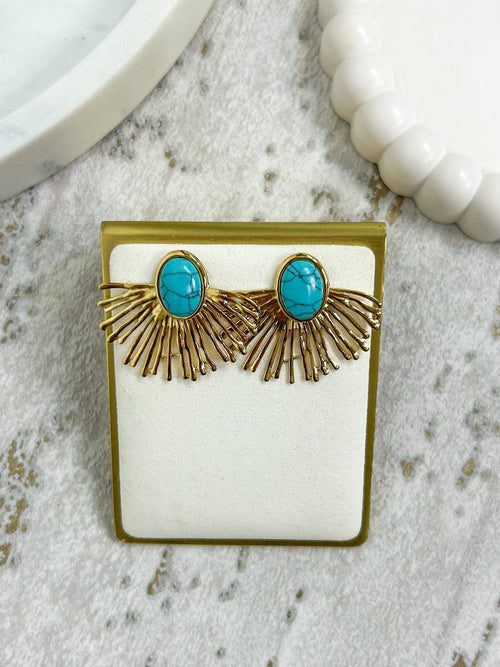 Turquoise Oval Stone Gold Fan Earrings