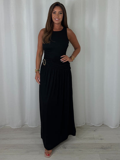 Round Neck Ruched Gold Buckle Side Split Maxi Dress (6 Colours)