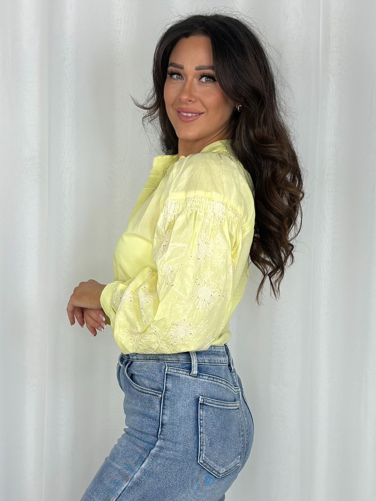 Floral Sleeve Embroidered Sequin Detail Shirt (2 Colours)