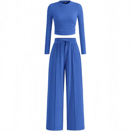 2-Piece Lounge Set – Ribbed Knit Long Sleeve Crop Top & Wide Leg Pants