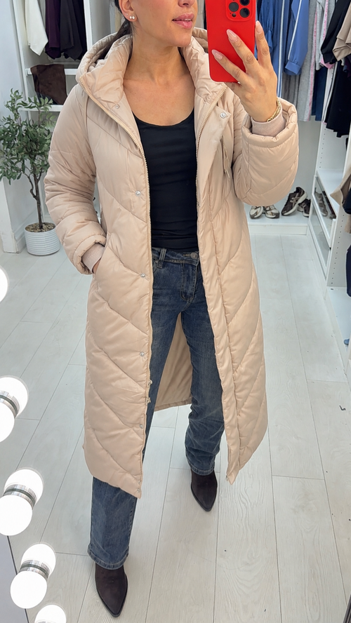 Naples Beige Chevron Stitch Popper Side Puffer Coat