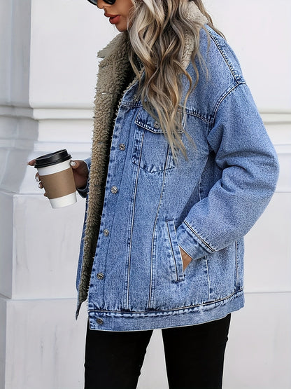 Women's Fall Winter Casual Fashion Jacket, Elegant Solid Color Stand Collar Thickened Warm Denim Coat, Versatile Outerwear for Women