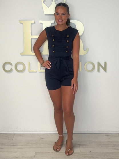 Navy Military Style Tie Waist Playsuit