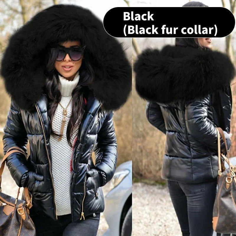 Women's casual warm large fur collar hooded jacket