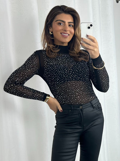 Scattered Diamante High Neck Sheer Bodysuit (2 Colours)