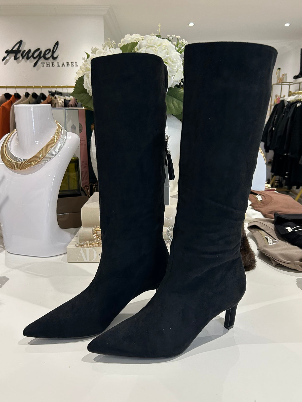 Faux Suede Knee High Stiletto Boots (2 Colours)