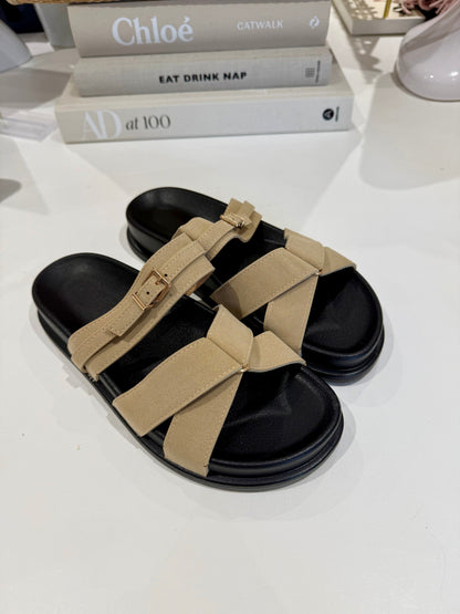 Faux Suede Gold Buckle Cross Over Sandal