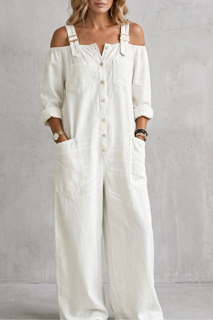 Denimora | Off-Shoulder Wide-Leg Overalls