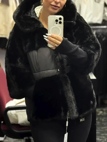 Women Hooded Plush Patchwork Casual Coat