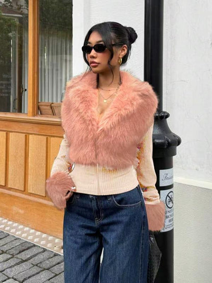 Women's Fashion Street Style Patchwork Knit Faux Fur Jacket, Zipper Long Sleeve Coat, Fall & Winter Thick Fabric, Casual Wear