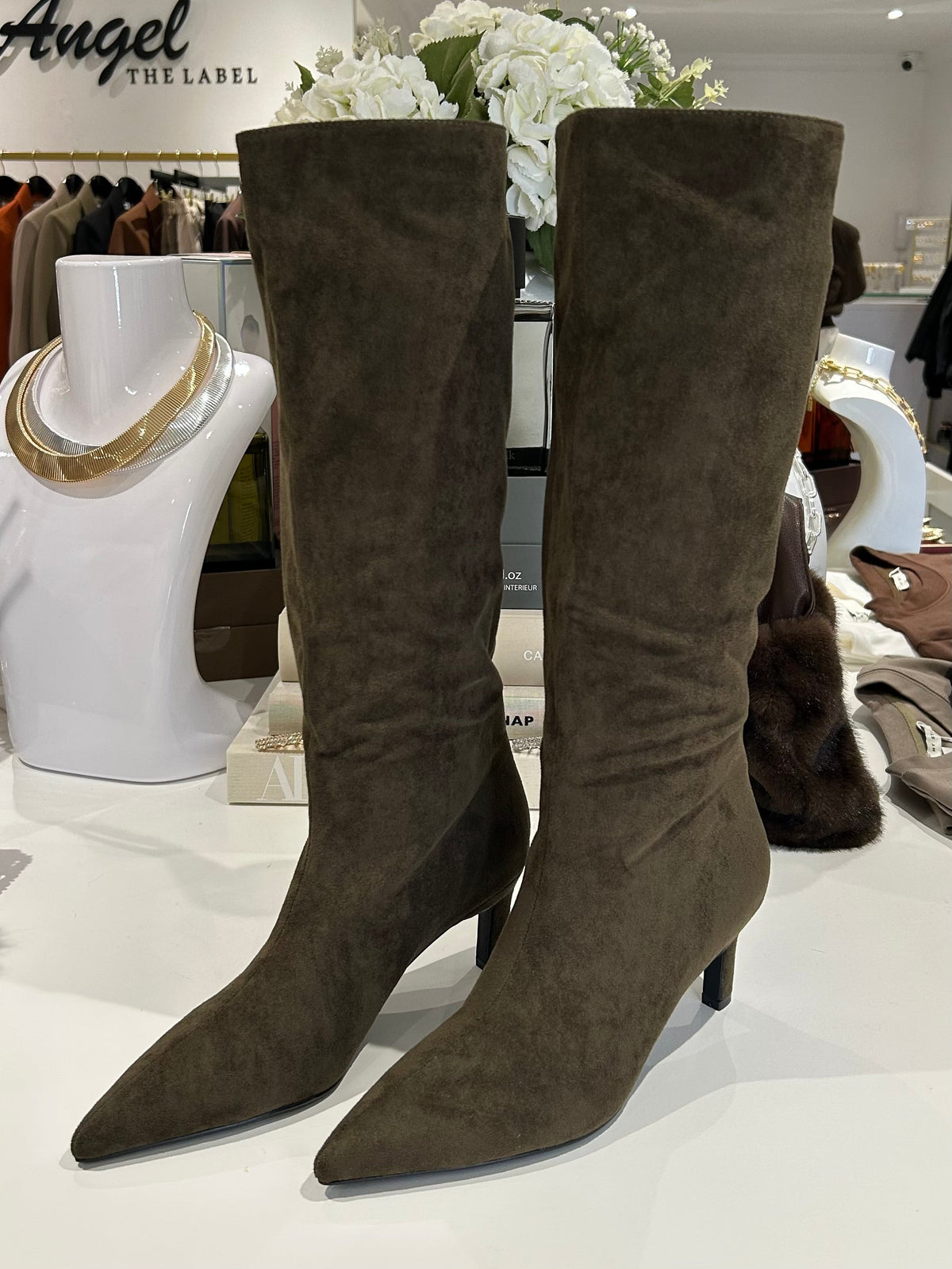 Faux Suede Knee High Stiletto Boots (2 Colours)