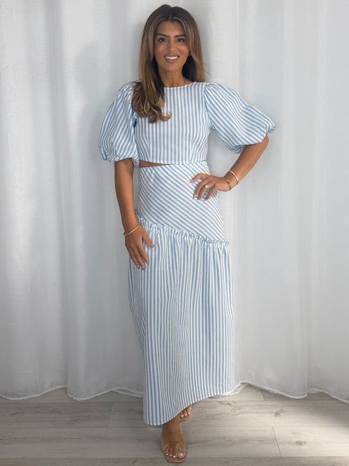 Striped Balloon Sleeve Tie Up Back And Frill Maxi Skirt Co-Ord (2 Colours)
