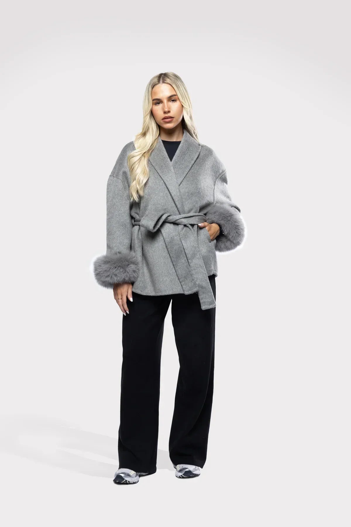 Women's Elegant Solid Color Waist Tie Fuzzy Cuff Wrap Coat, Premium Plush Long Sleeve Thermal Coat, Outerwear Jacket for Fall & Winter(CN/US)