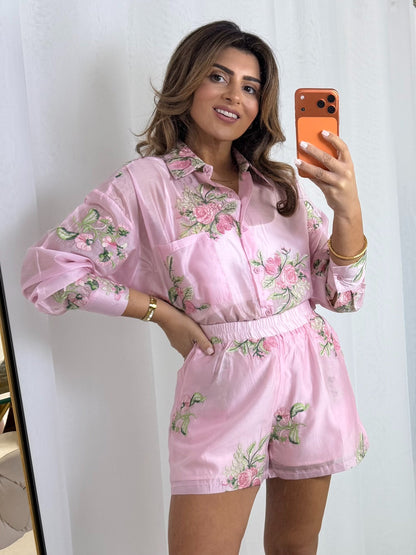 Pink Rose Large Print Shirt & Shorts Co-Ord