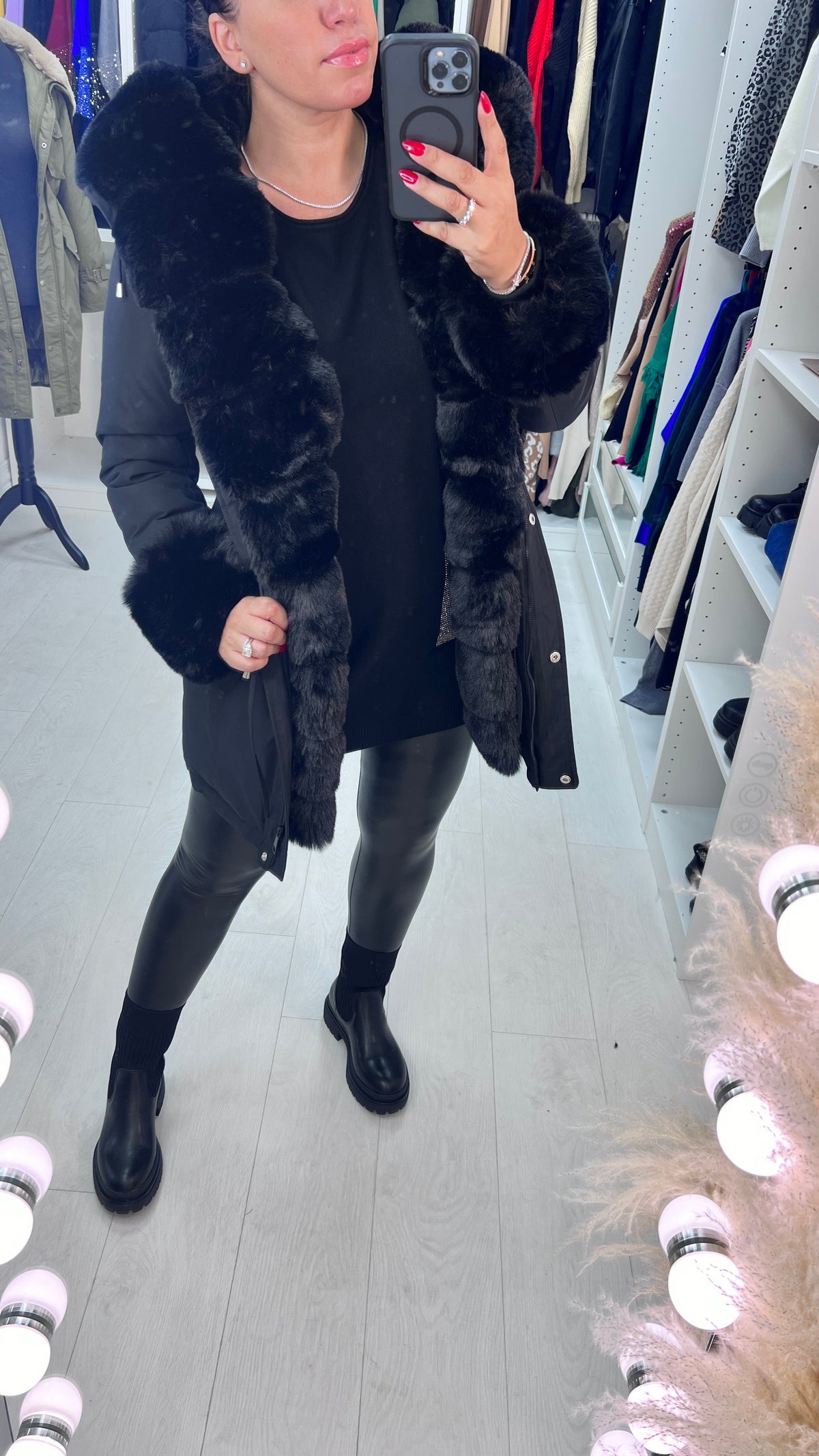 Jaya Black Faux Fur Hooded Toggle Coat