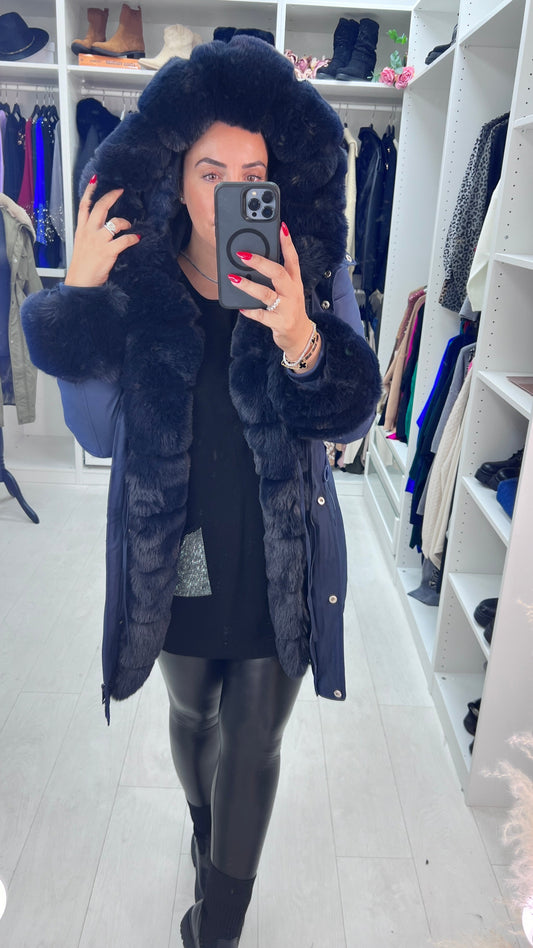 Jaya Navy Faux Fur Hooded Toggle Coat