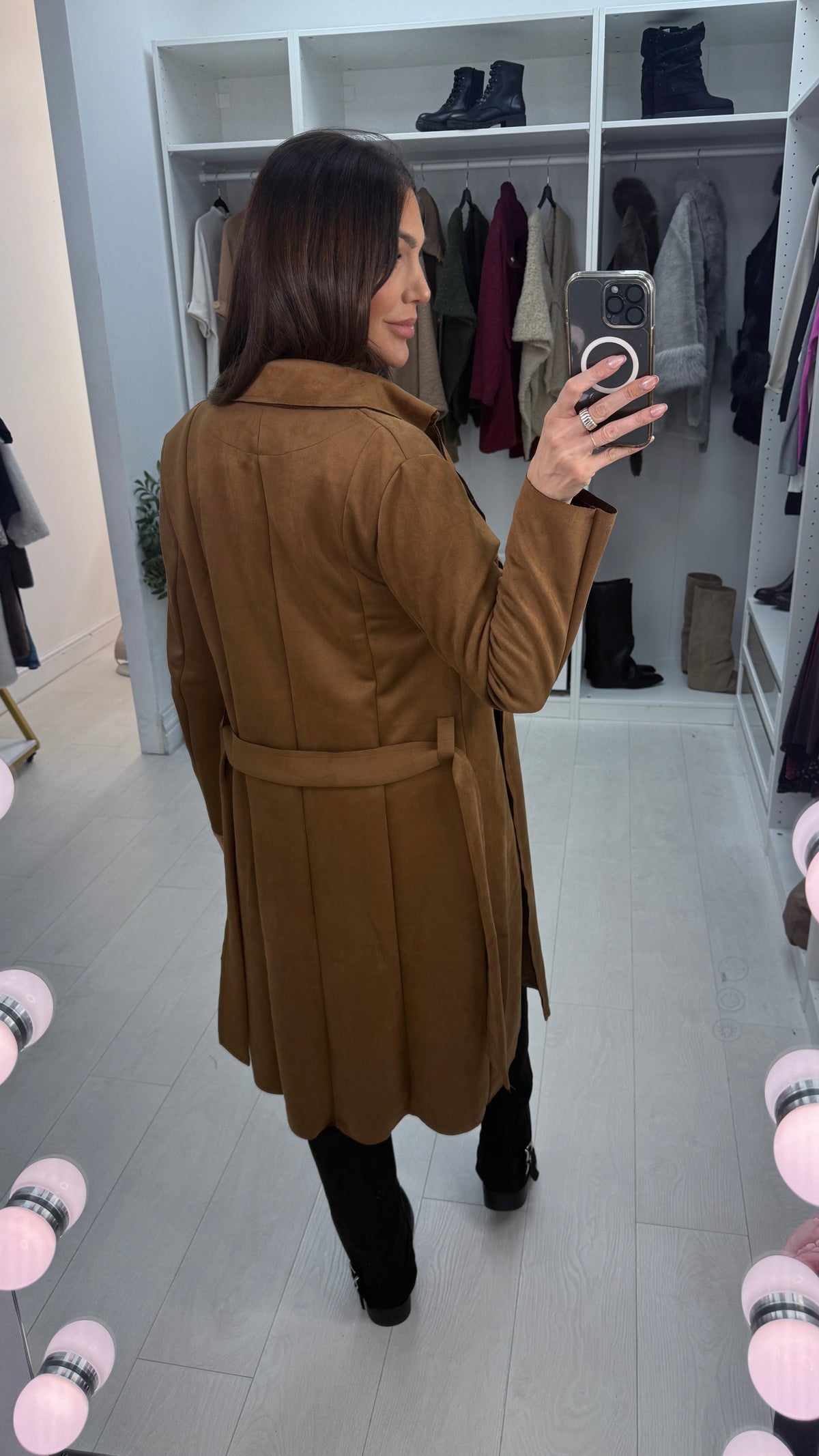 Amaia Plain Suede Belted Longline Coat