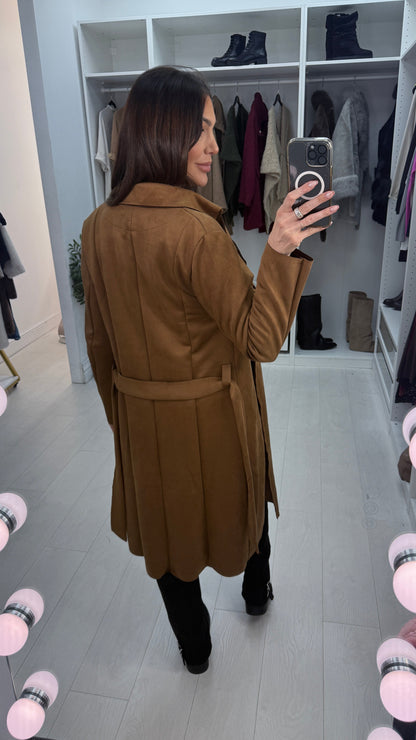 Amaia Plain Suede Belted Longline Coat